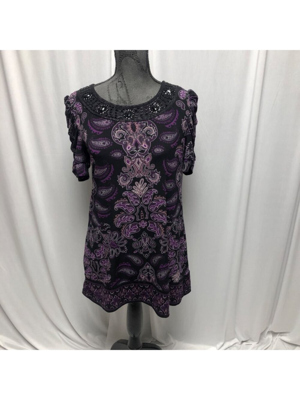 Apt 9 Top Womens Size Small Black Purple Bedazzled Paisley Stretchy Tunic